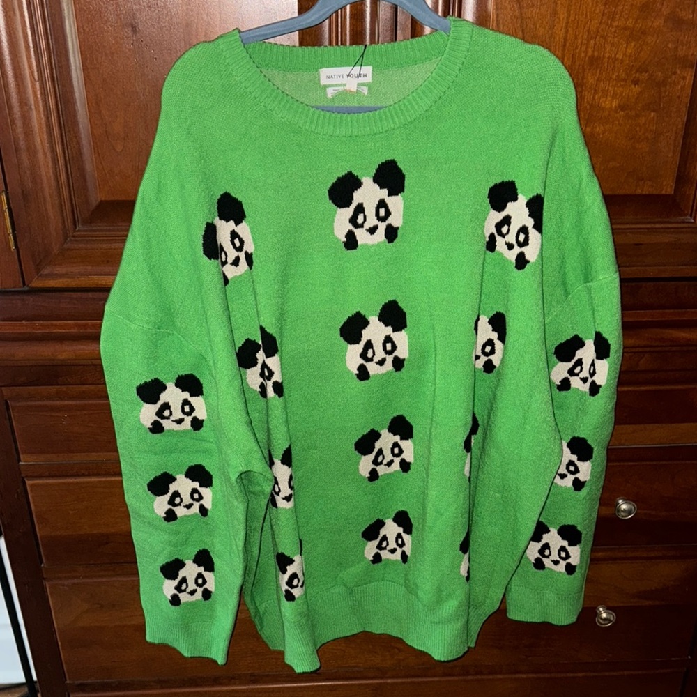 Native Youth Green Sweater with Panda Motif - Plus Size 24